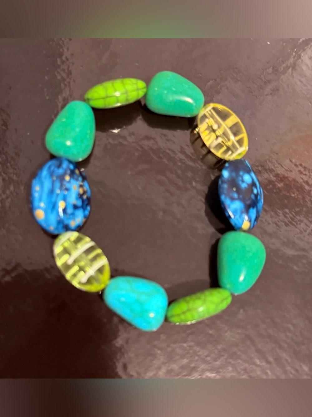 Artisan Beaded Stretch Bracelet Colorful Blue Green With Two Uranium beads - Picture 1 of 5